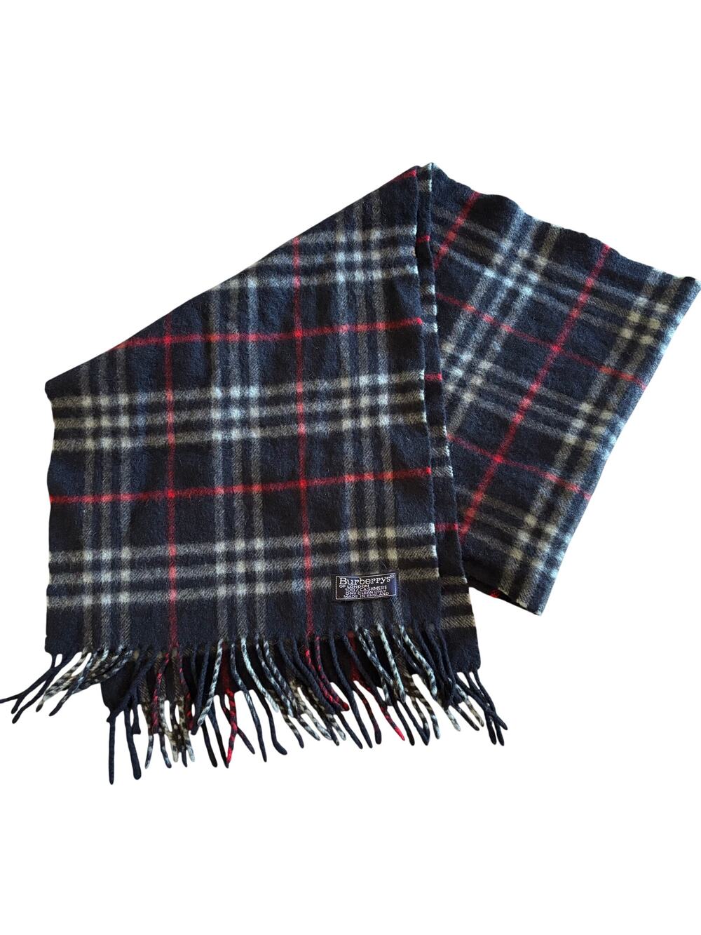 FLAWED Burberry 100% Cashmere Scarf Plaid Blue Red Black Vintage Made in England